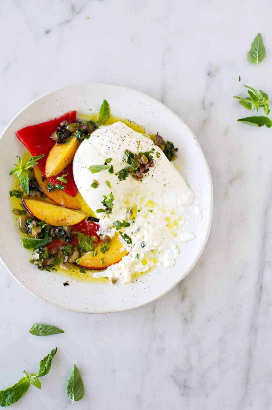 MEDITERRANEAN COOKING, Peaches, prosciutto, burrata, mint, pistachios with  honey/white balsamic vinegar drizzle