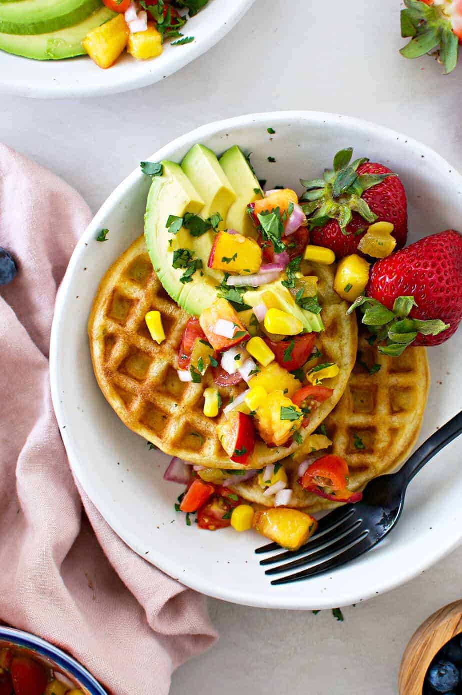 Sweet Corn + Green Chile Waffles with Peach Pico de Gallo recipe (via thepigandquill.com) #breakfast #brunch #dairyfree