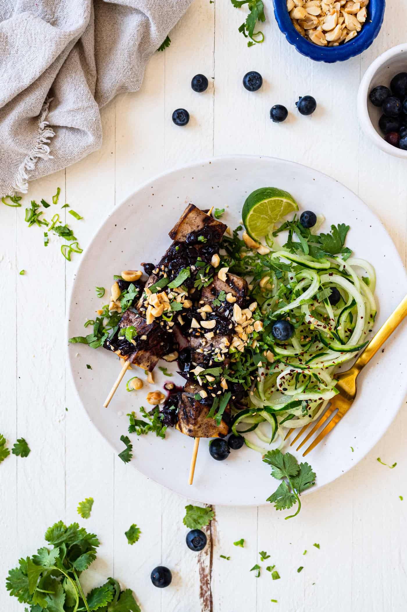 Grilled Tofu Kebabs with Blueberry Chutney Recipe (Vegan) via thepigandquill.com #supper #summermeal #mealprep #lunch #vegetarian