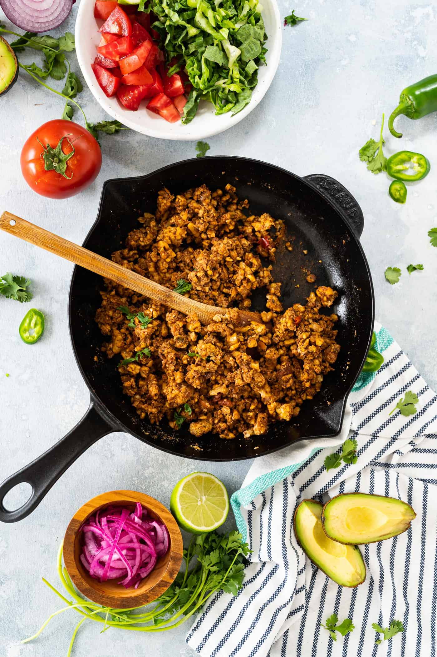 Vegan Taco Salad Bowls with Tempeh Walnut Taco Meat recipe via The Pig & Quill #plantbased #grainfree