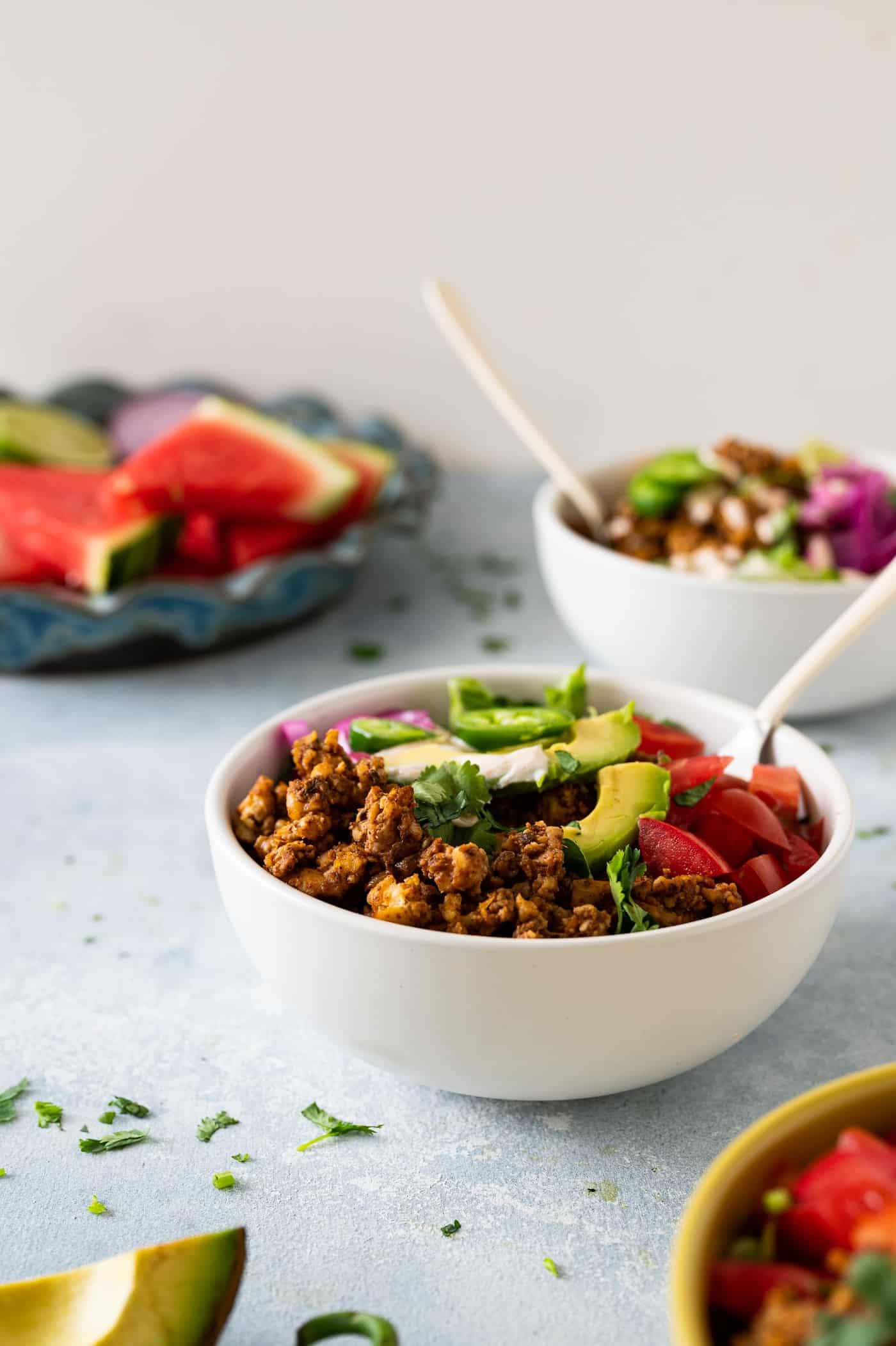 Vegan Taco Salad Bowls with Tempeh Walnut Taco Meat recipe via The Pig & Quill #plantbased #grainfree