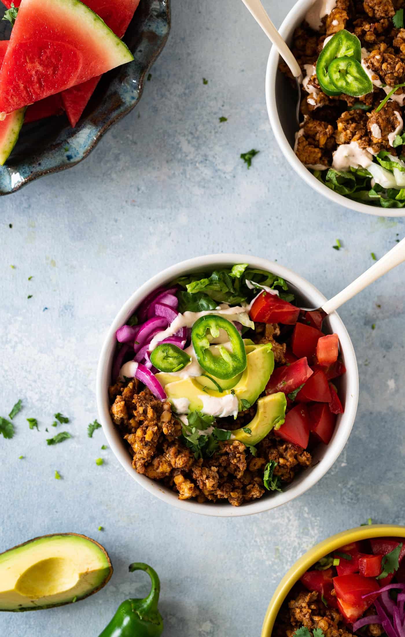 Vegan Taco Salad Bowls with Tempeh Walnut Taco Meat recipe via The Pig & Quill #plantbased #grainfree