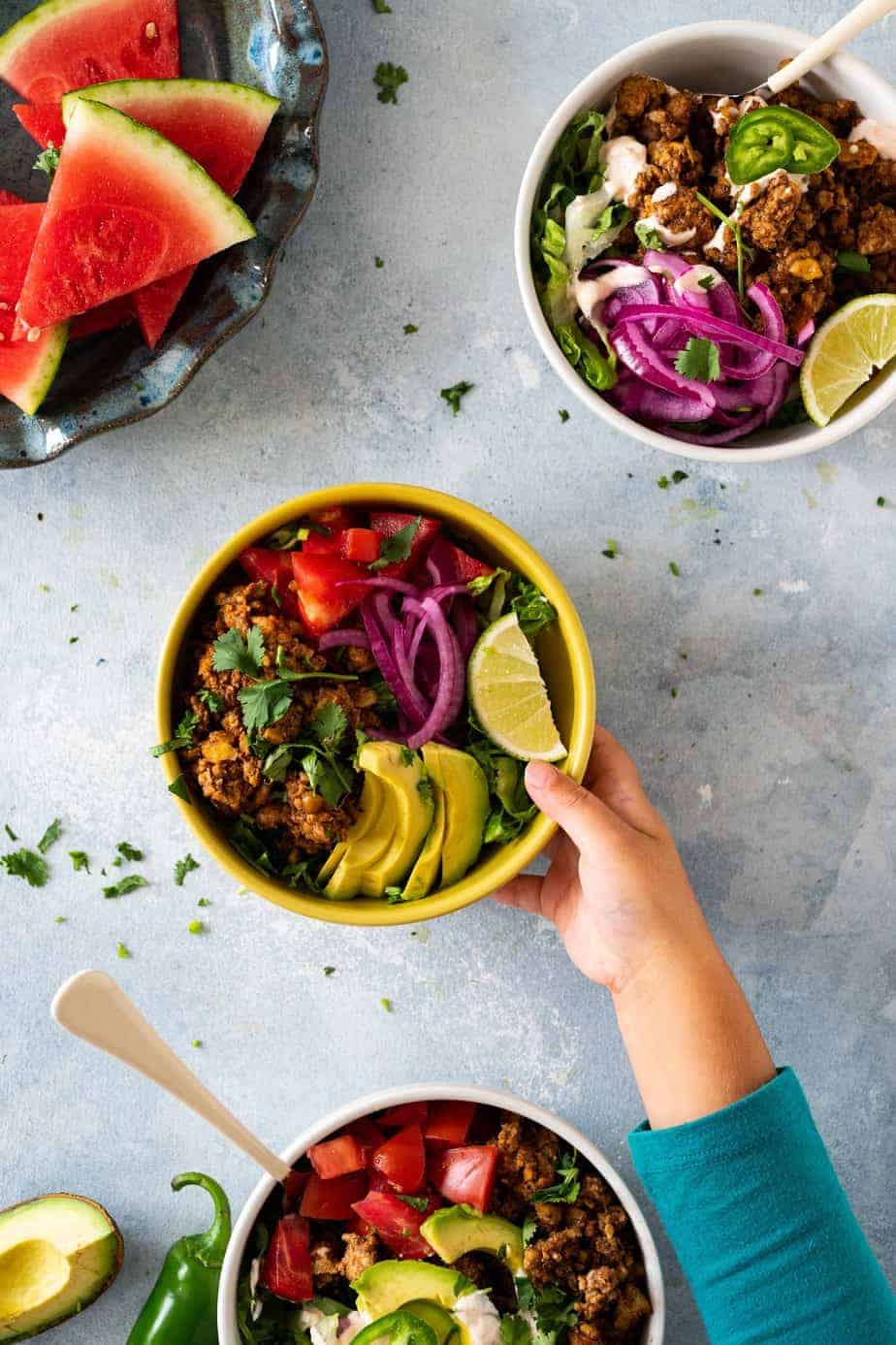 Vegan Taco Salad Bowls with Tempeh Walnut Taco Meat recipe via The Pig & Quill #plantbased #grainfree