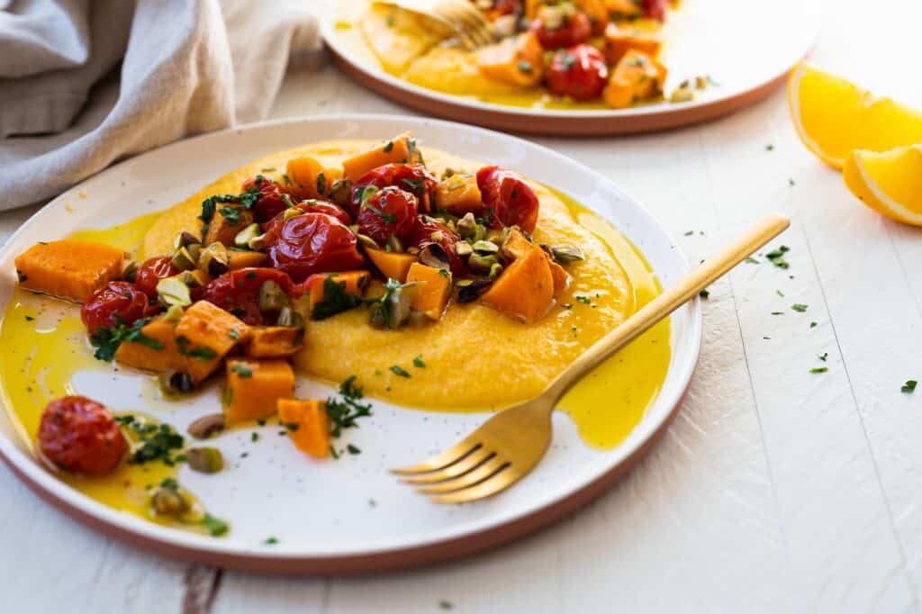 Vegan Grits Bowls with Roasted Sweet Potatoes and Tomatoes the pig & quill