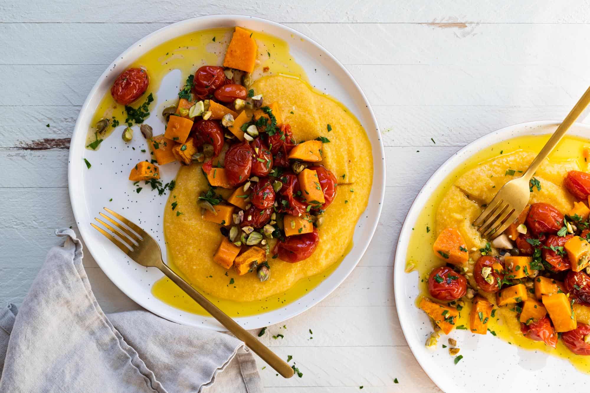 Vegan Grits Bowls with Roasted Sweet Potatoes and Tomatoes -- an easy weeknight vegan sheetpan meal (via thepigandquill.com)