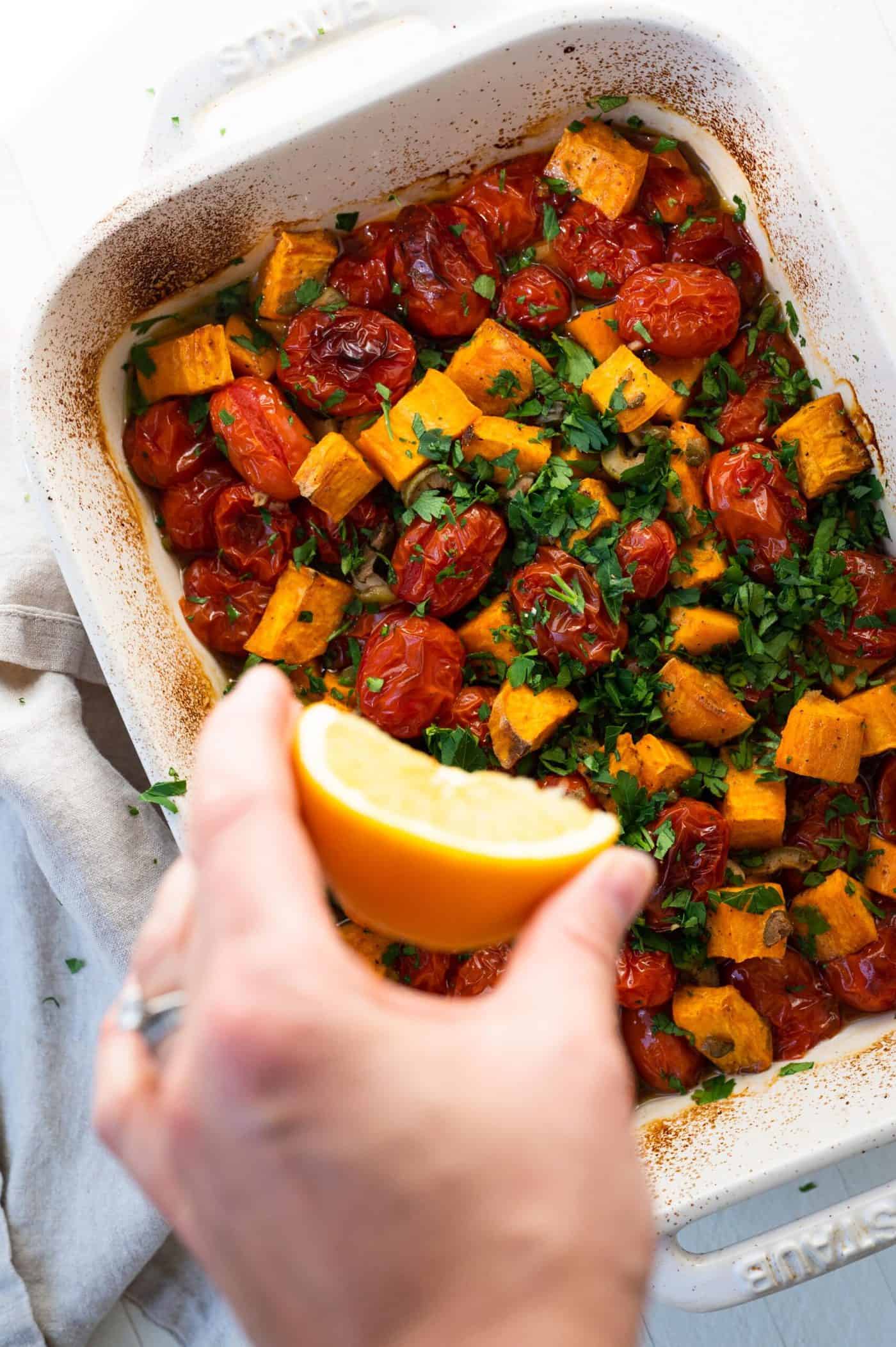 Roasted Sweet Potatoes and Tomatoes -- an easy weeknight vegan sheetpan meal (via thepigandquill.com)