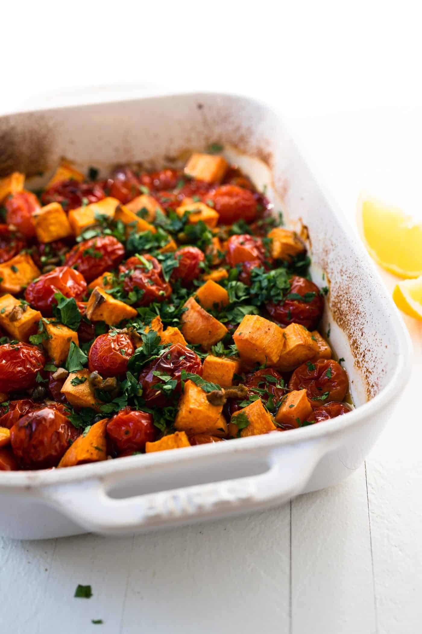 Roasted Sweet Potatoes and Tomatoes -- an easy weeknight vegan sheetpan meal (via thepigandquill.com)