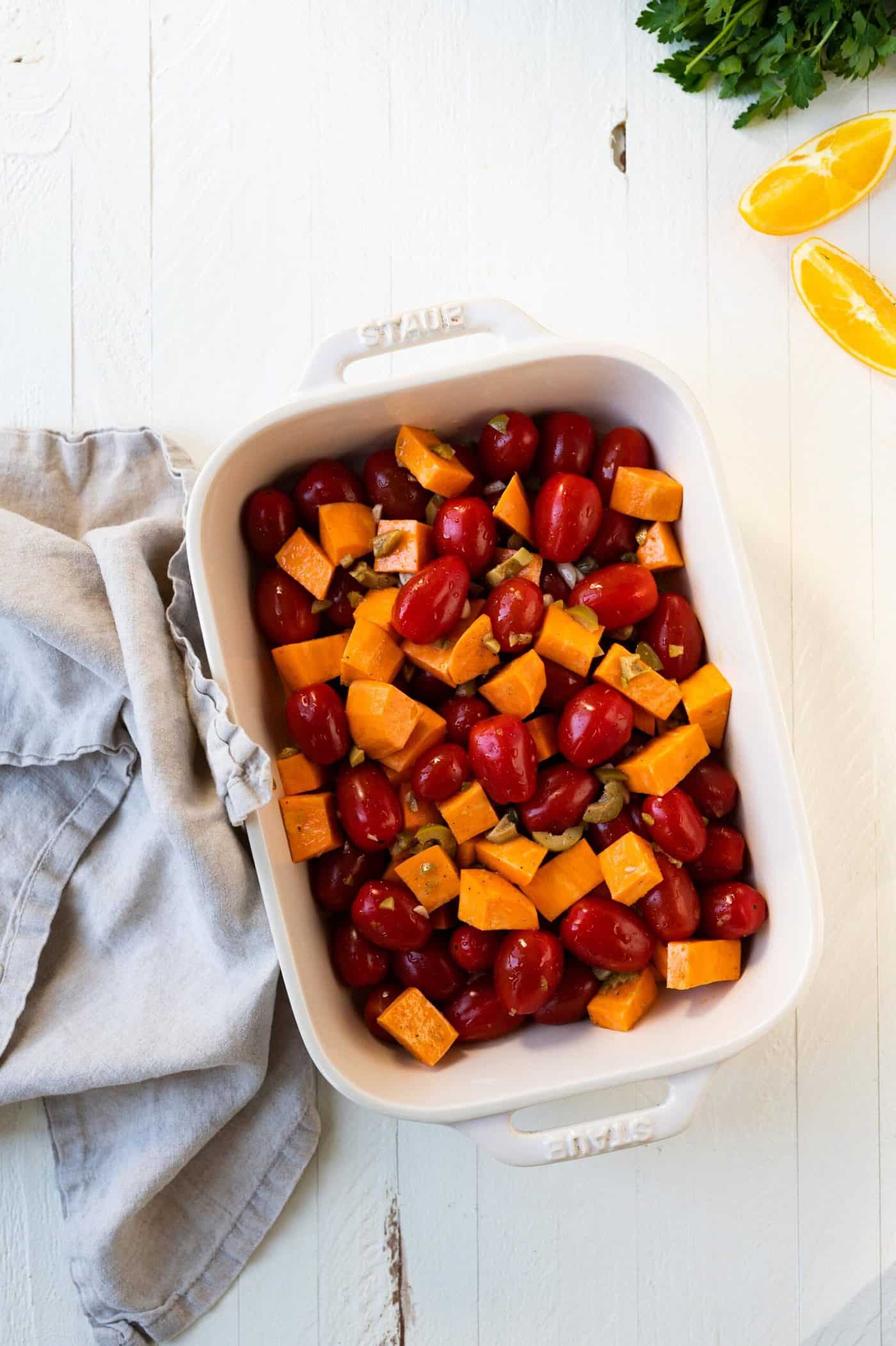 Roasted Sweet Potatoes and Tomatoes -- an easy weeknight vegan sheetpan meal (via thepigandquill.com)