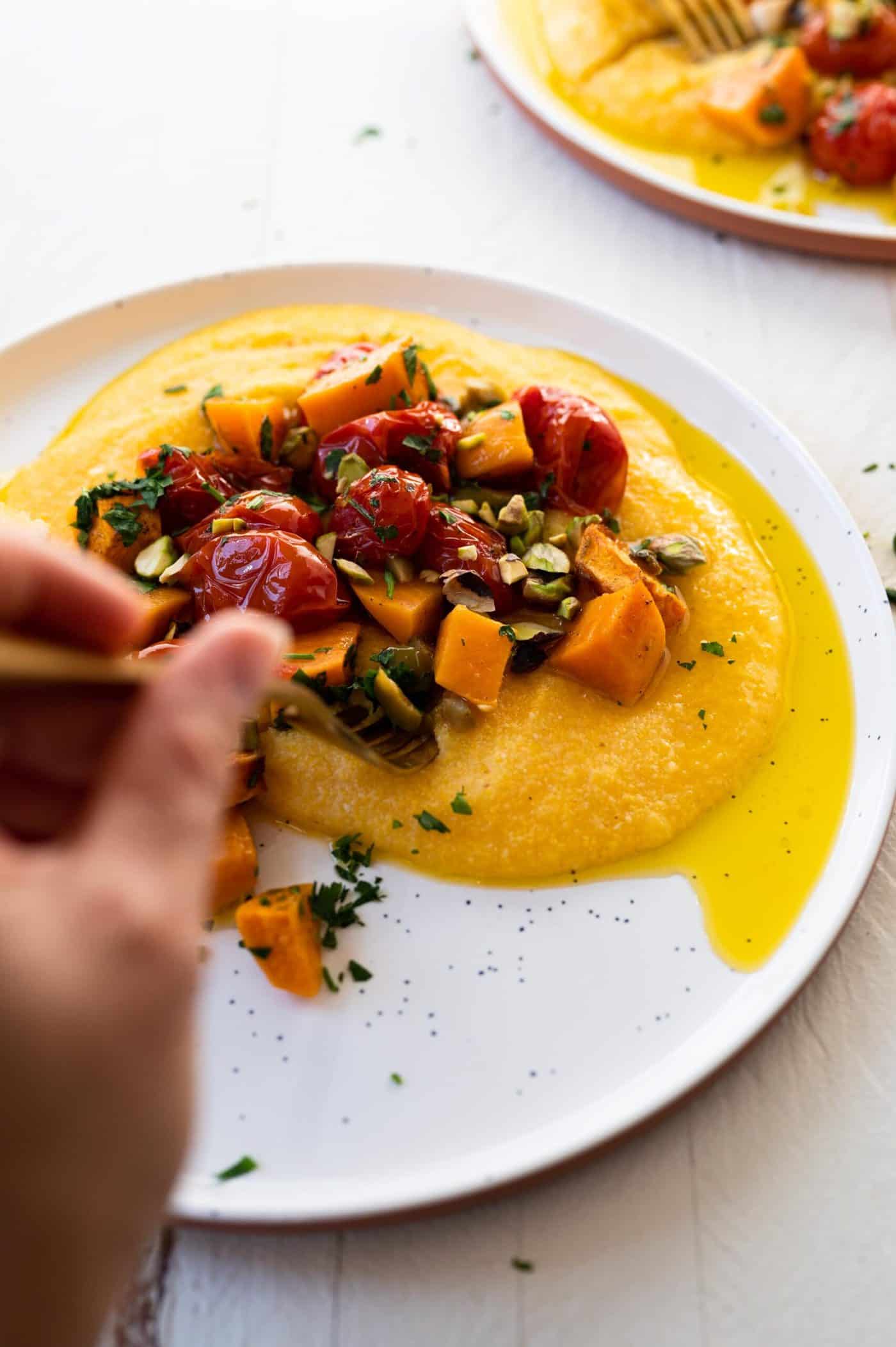 Vegan Grits Bowls with Roasted Sweet Potatoes and Tomatoes -- an easy weeknight vegan sheetpan meal (via thepigandquill.com)